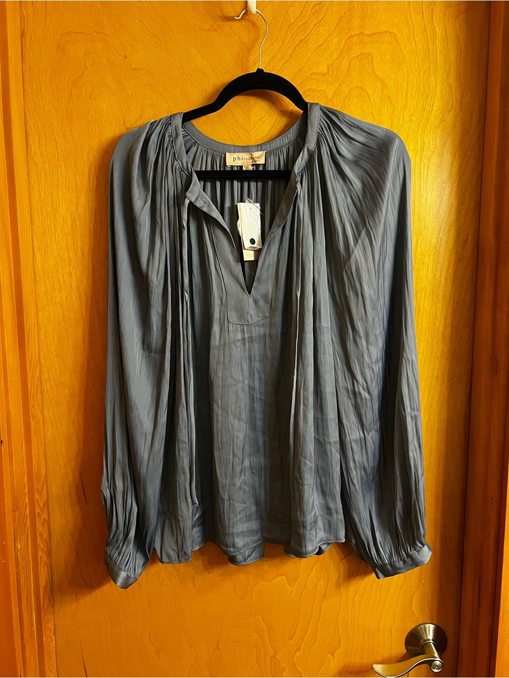 Philosophy Slate Blue Pleated V-Neck Long-Sleeve Blouse